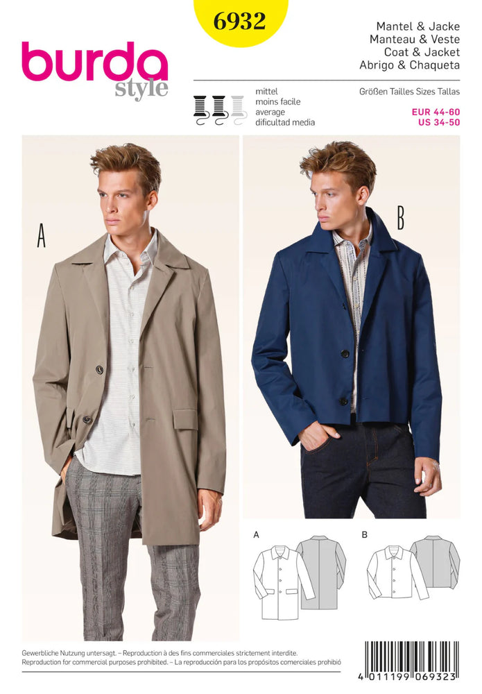 Burda Men's 6932 Men's Mac Coat and Jacket Pattern