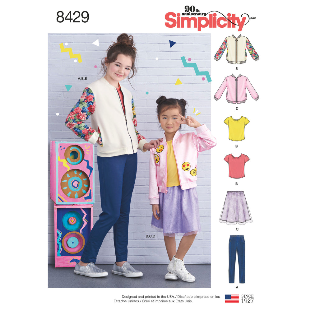 Simplicity 8429 Child's & Girls' Bomber Jacket, Skirt, Leggings and Top