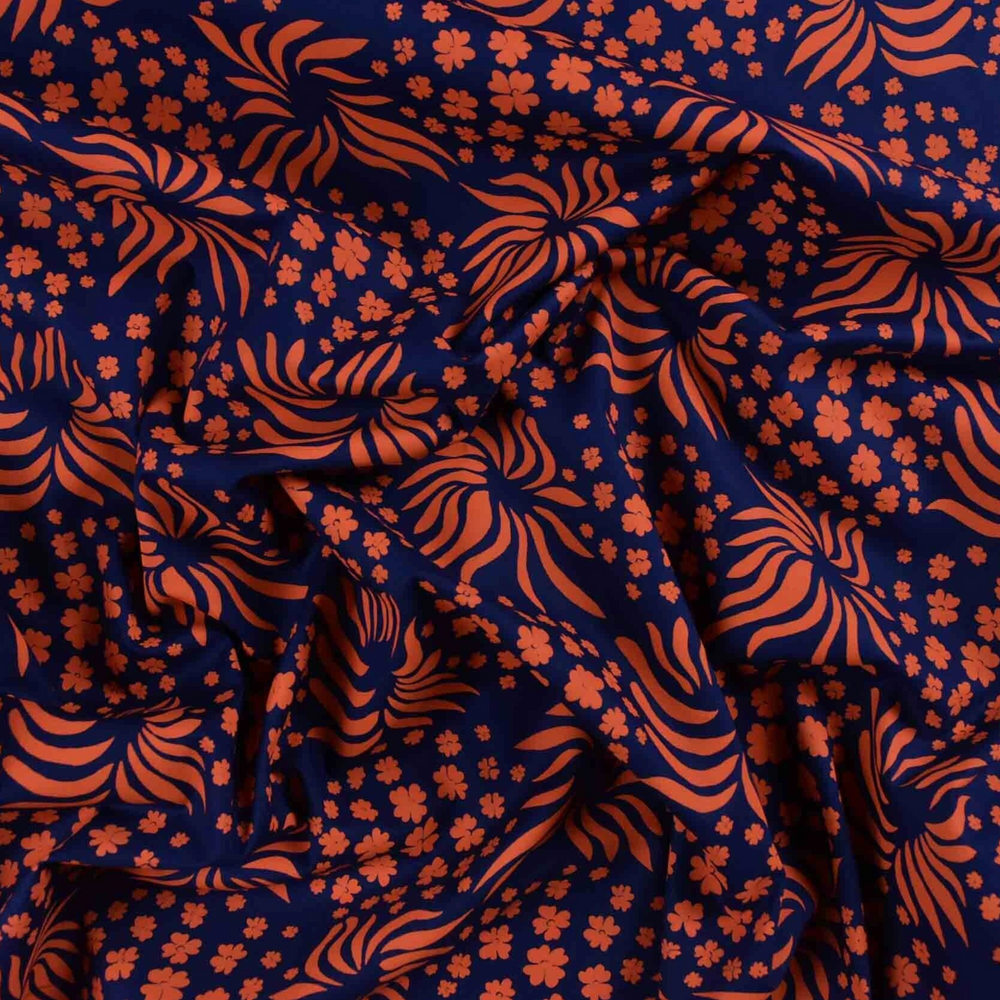 Luxury Printed Cotton Lawn - Firewheel - Navy and Orange