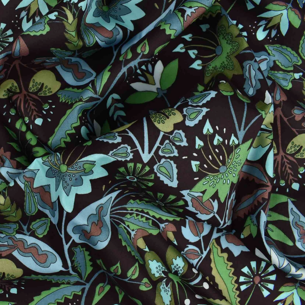 Luxury Printed Cotton Lawn - Blundell - Chocolate & Turquoise