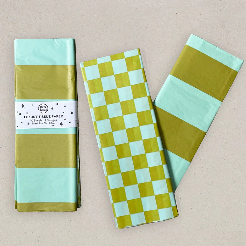 Luxury Tissue Paper - Chequerboard/Stripe - Pale Olive/Turquoise